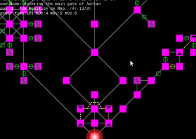 City map with shops ($), doors, and and up/down exits.